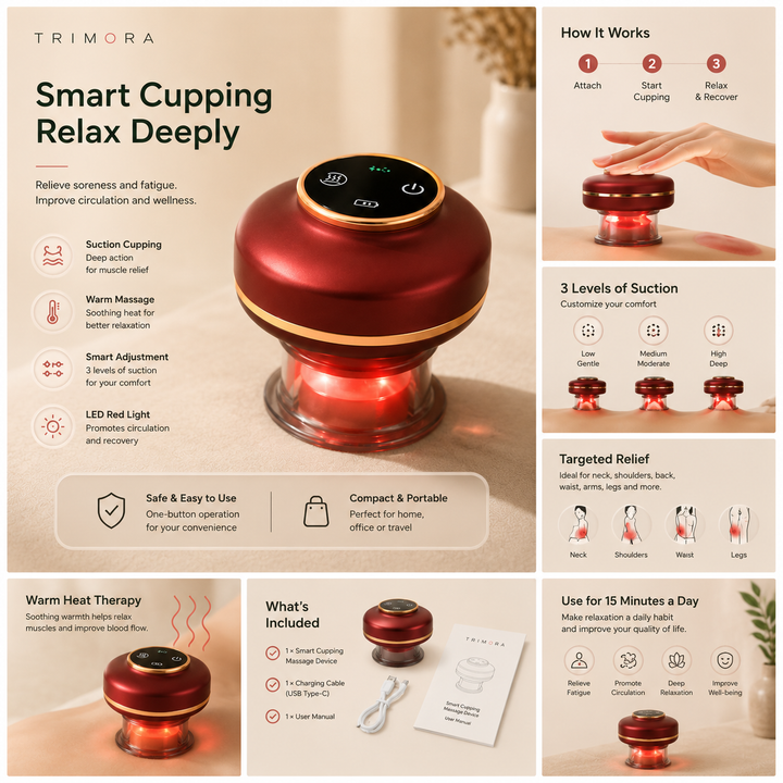 Trimora CuppingRelief Pro™ | Electric Cupping Massager with Red Light